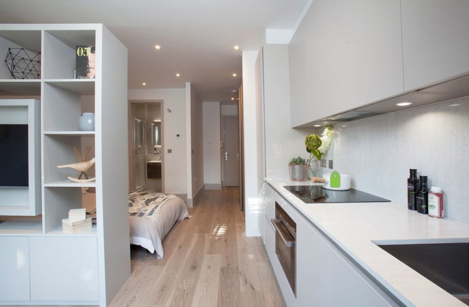 Зонирование квартиры-студии при помощи стеллажа