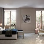 Серый пол в бежевой спальне