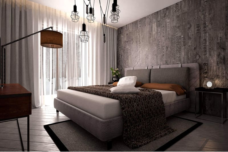 Бетонные стены в лофтовой спальне