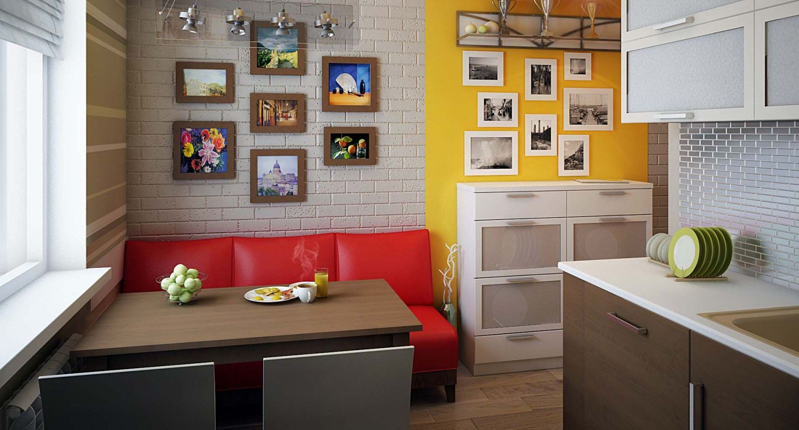 красный диван на кухне
