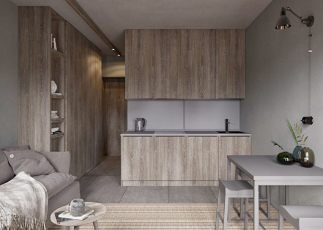 Серо-деревянная кухня в стиле минимализм